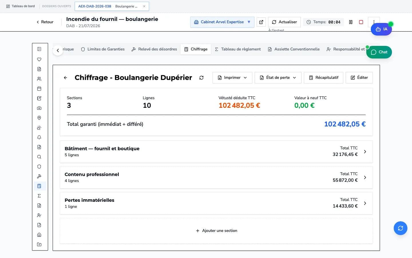 Fiche dossier incendie : chiffrage vérifié par sections (bâtiment, contenu professionnel, pertes)