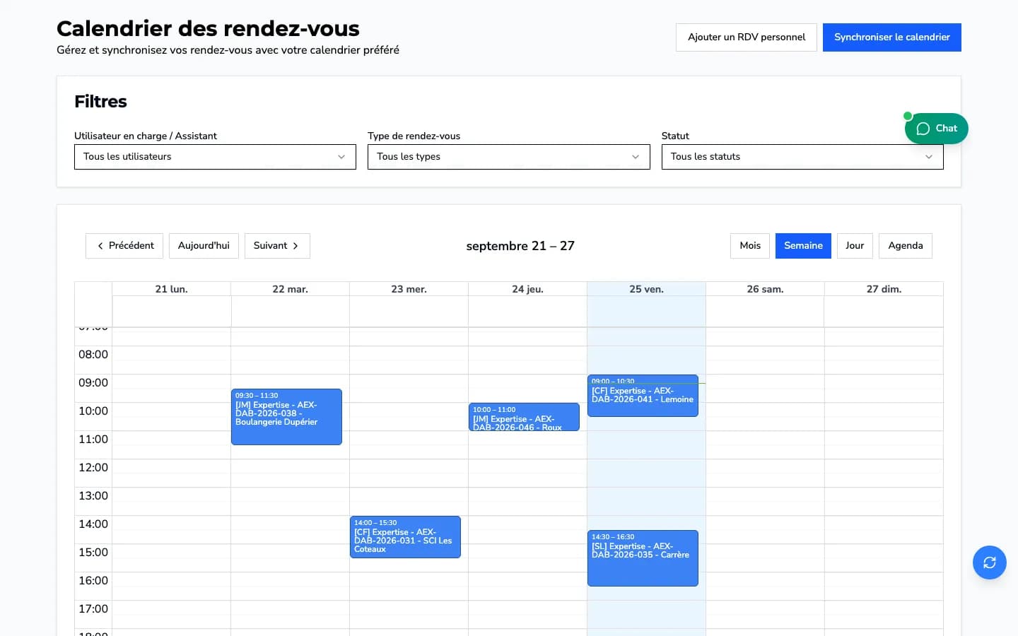 Agenda des expertises : réunions contradictoires et visites de la semaine