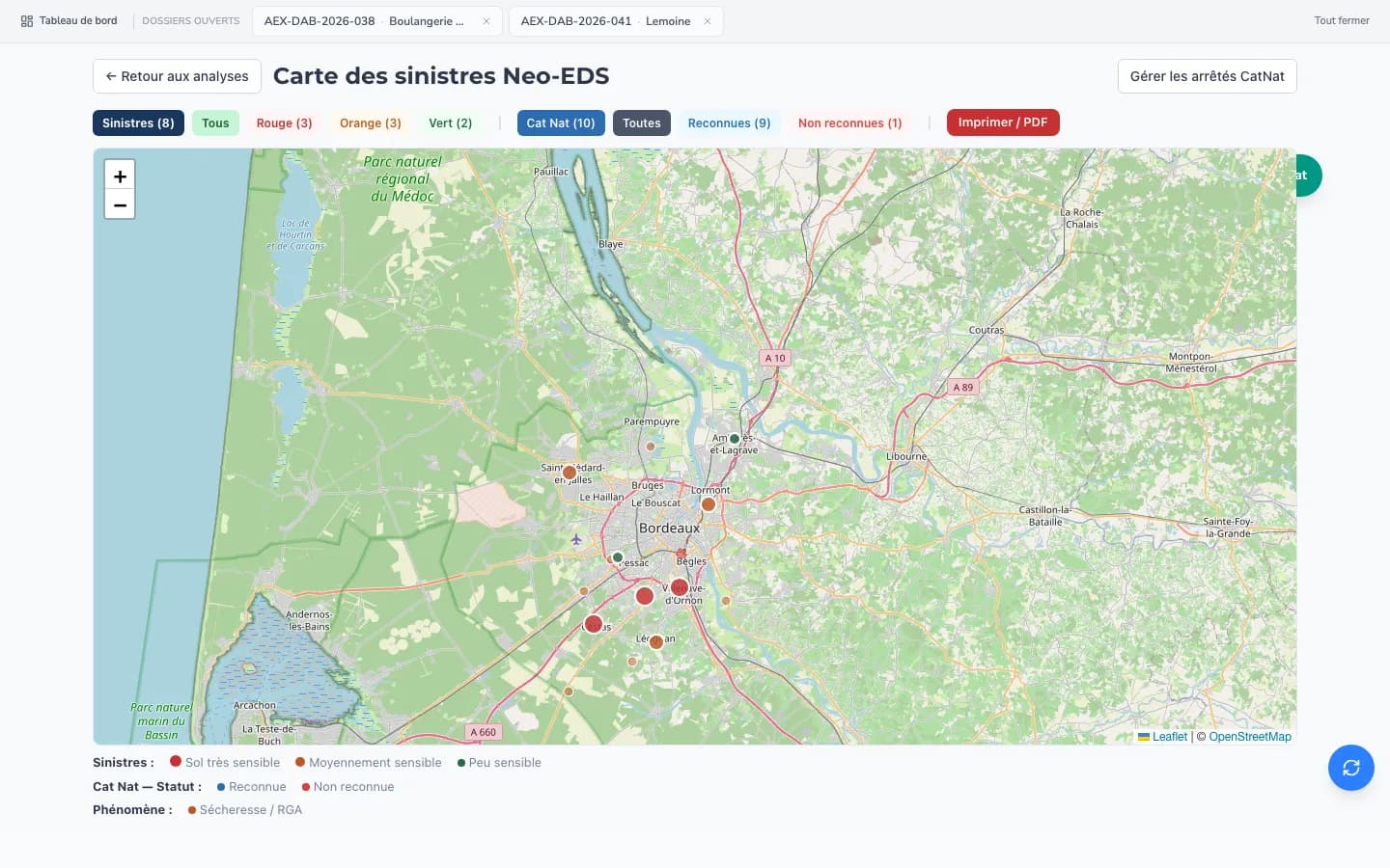 Neo-EDS : sinistres sécheresse géolocalisés par sensibilité du sol et communes reconnues CatNat
