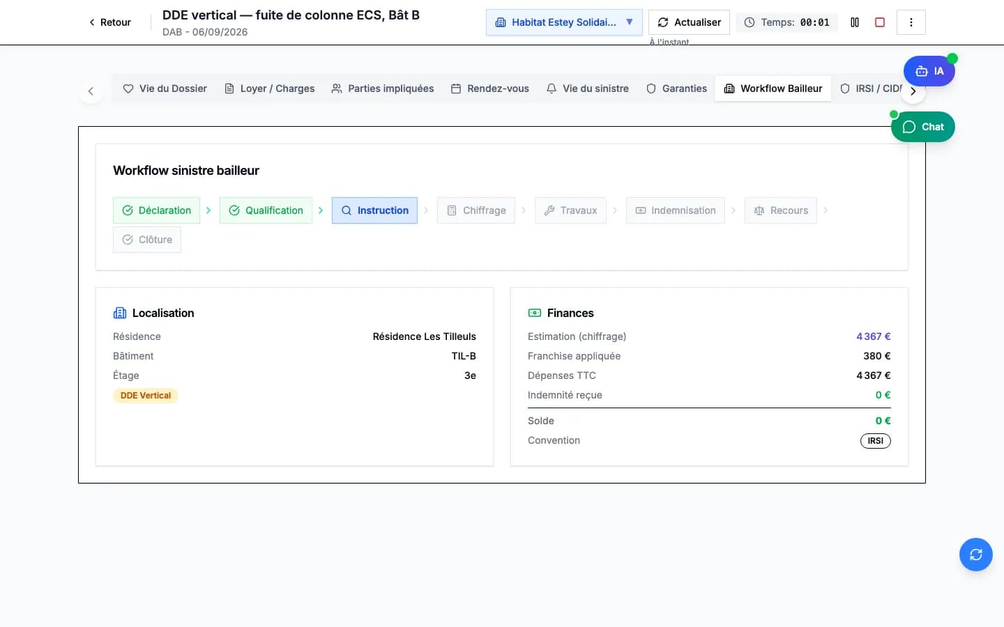 Fiche sinistre DDE vertical : workflow bailleur, rattachement patrimoine et bilan financier