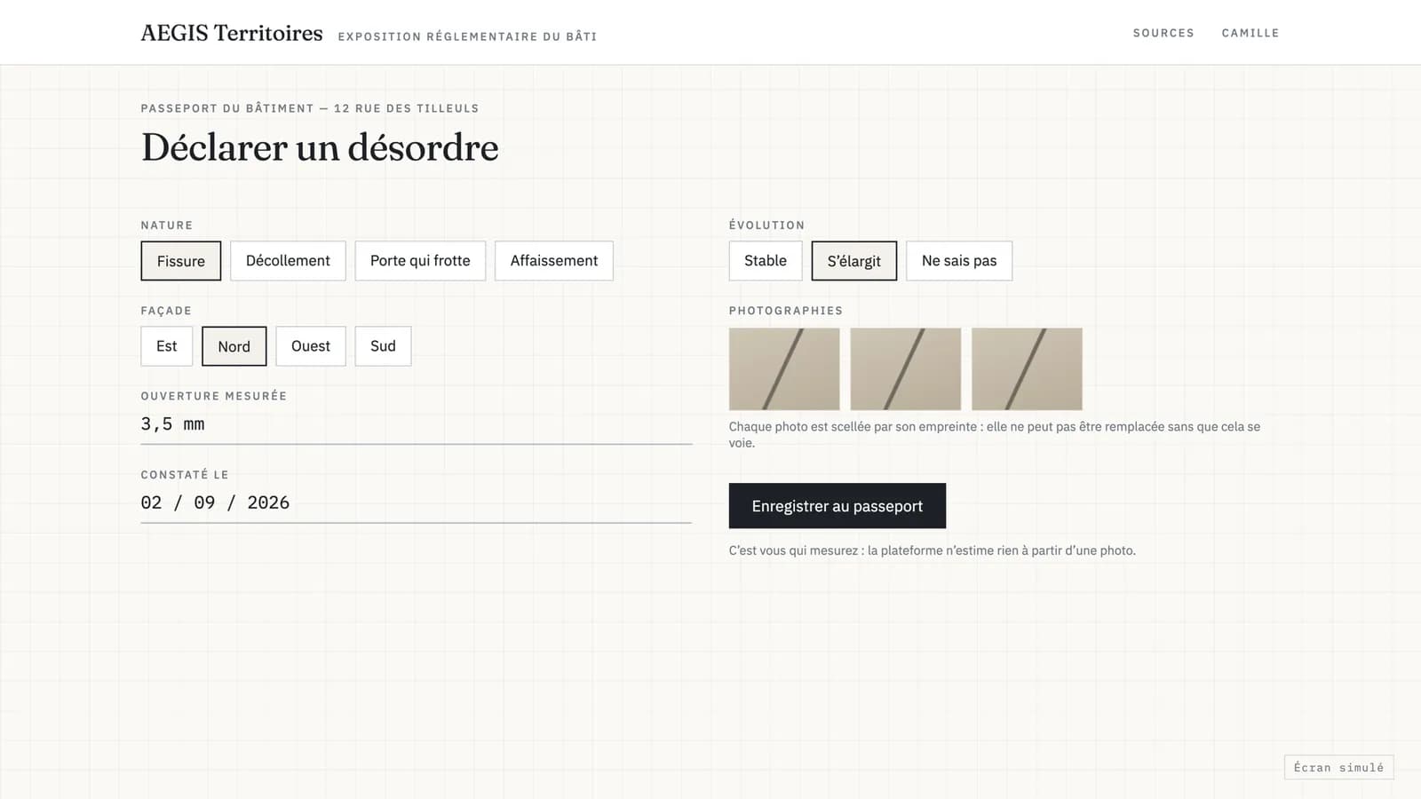 Déclaration d'un désordre avec photos scellées