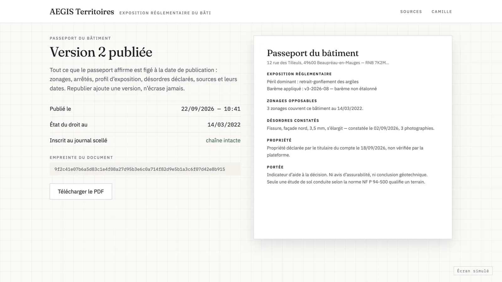 Passeport du bâtiment : version publiée et empreinte