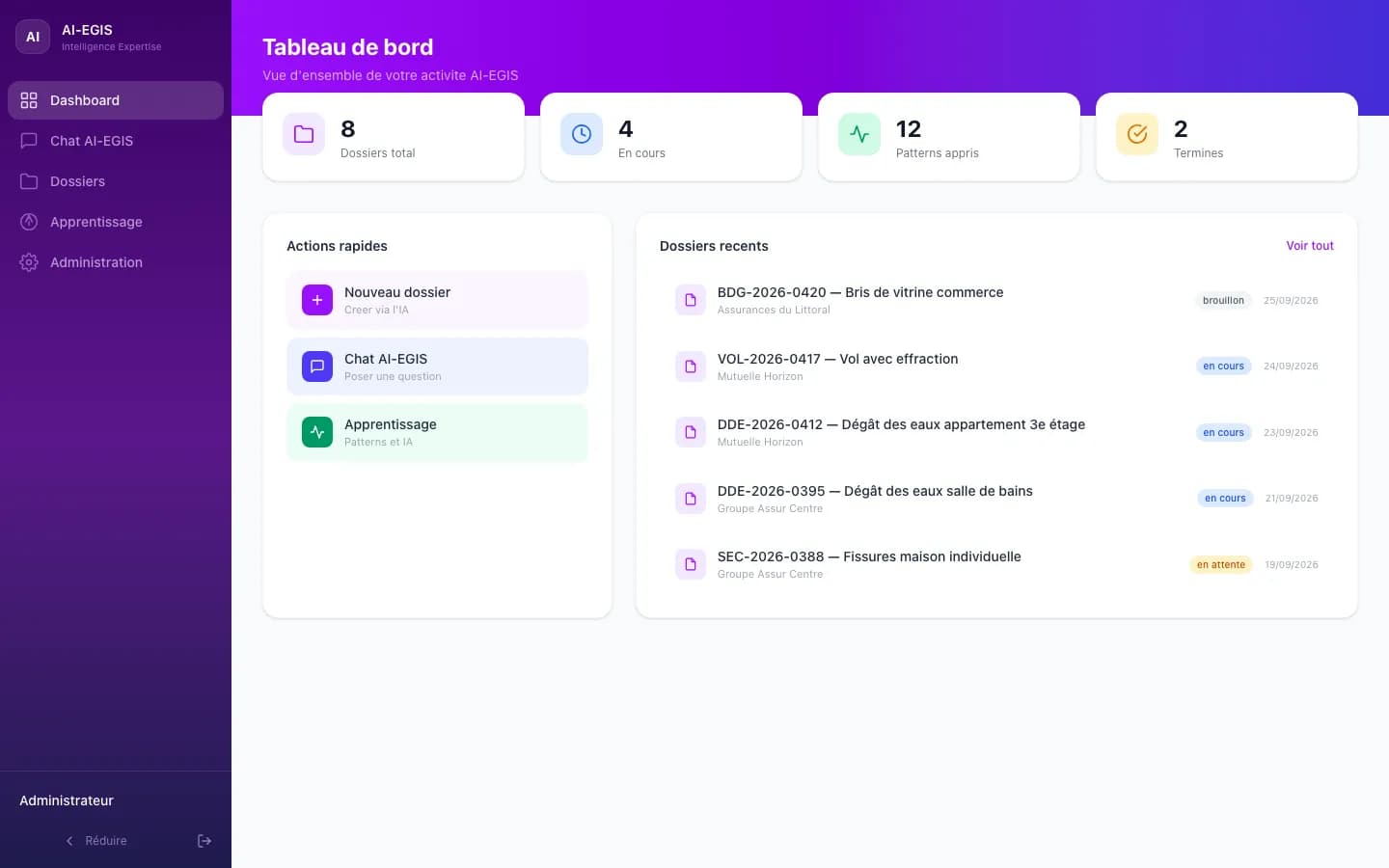 Tableau de bord : dossiers pilotés par l'IA et patterns appris