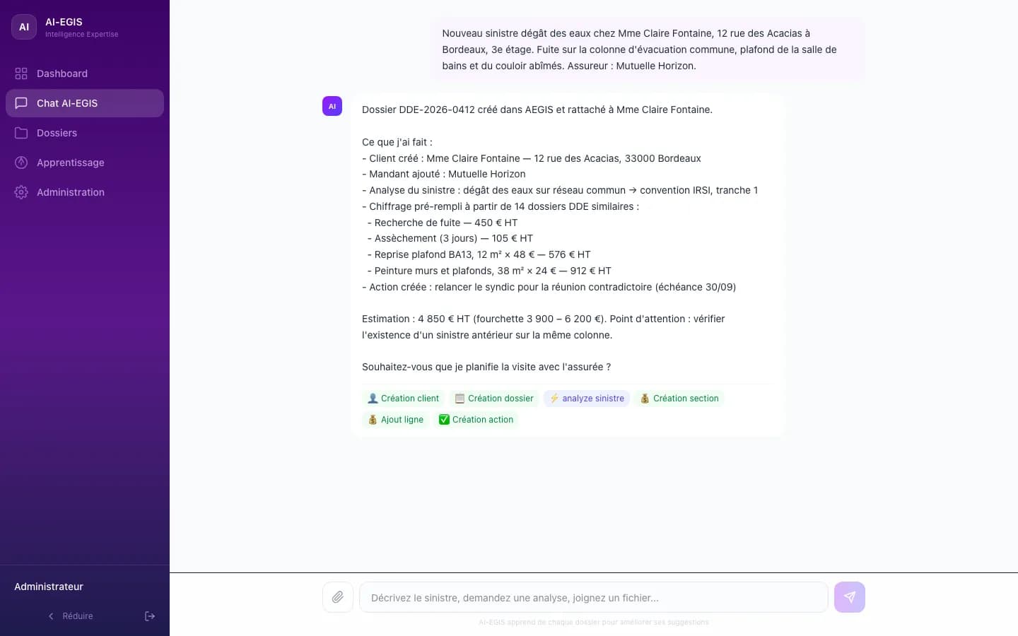 Chat avec l'agent : création du dossier AEGIS et chiffrage pré-rempli