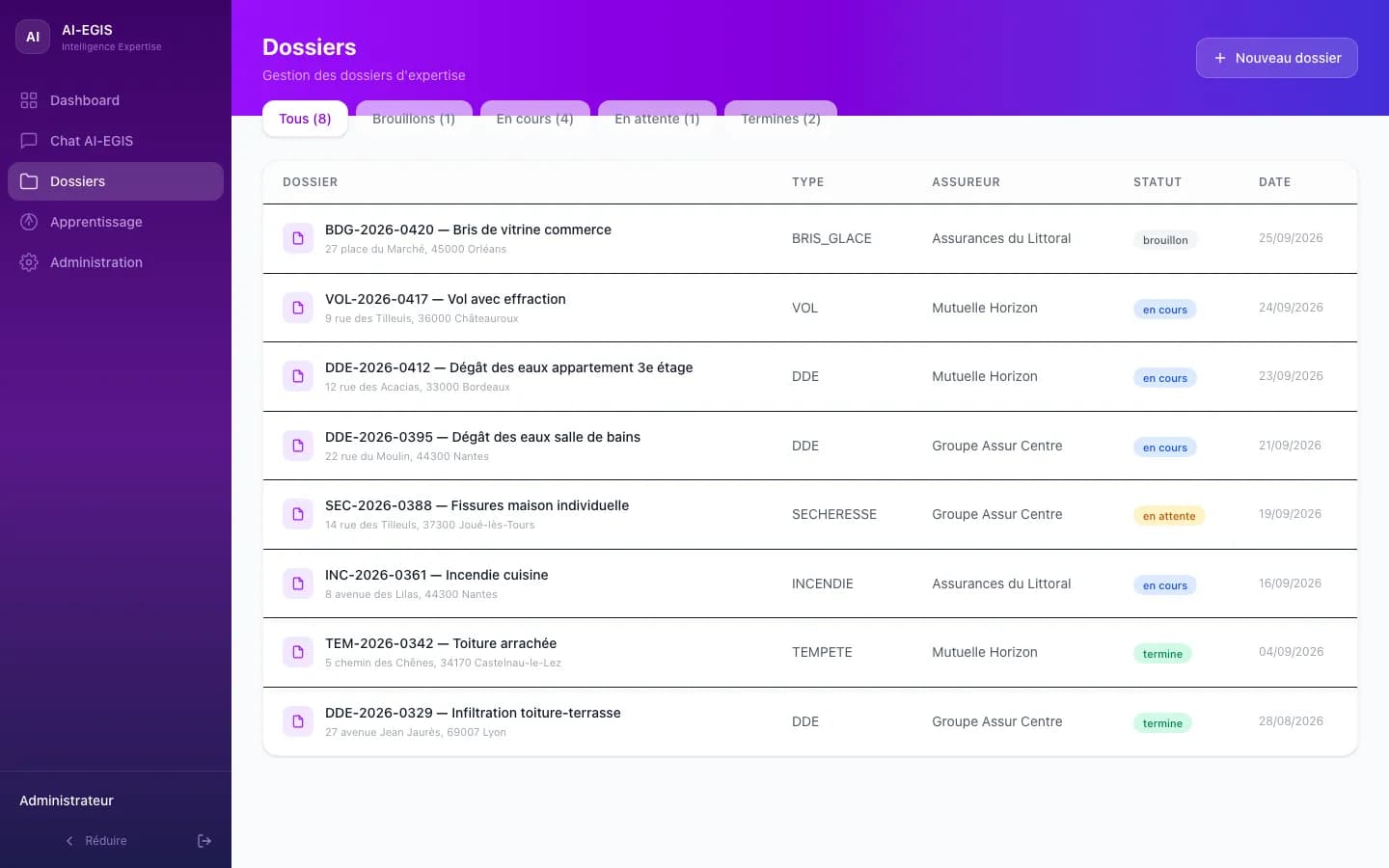 Dossiers synchronisés avec AEGIS : type, assureur et statut