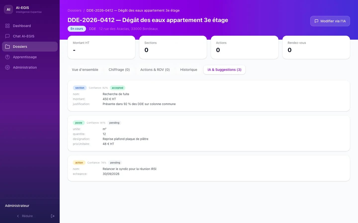 Suggestions IA du dossier avec niveau de confiance