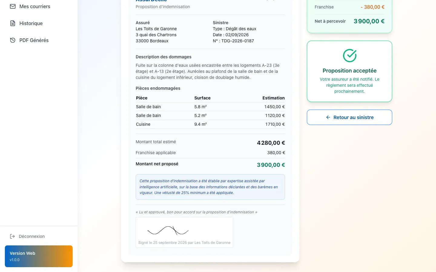 Lettre d'accord sur dommages : montants, franchise et signature en ligne