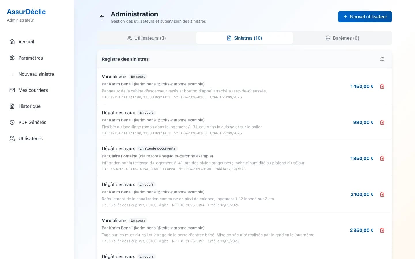 Administration : supervision des sinistres de tous les utilisateurs