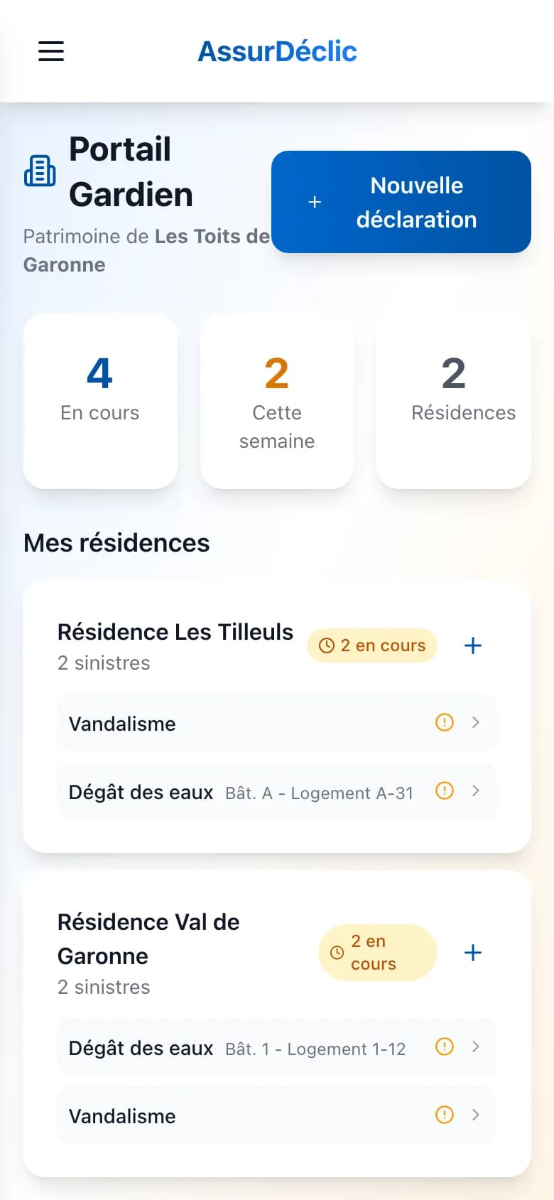 Mobile — portail gardien : sinistres en cours par résidence