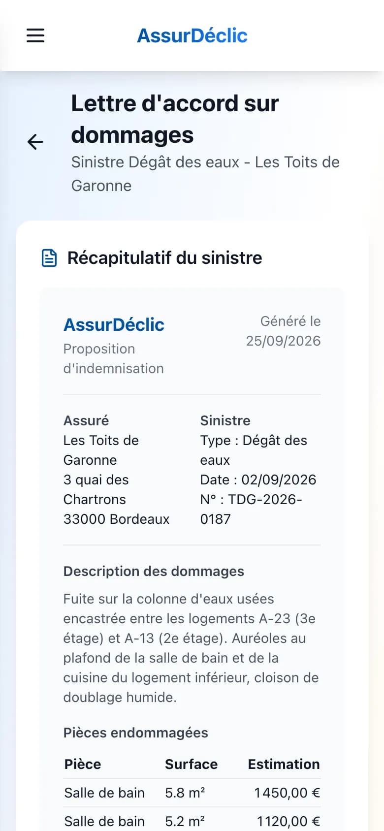 Mobile — lettre d'accord sur dommages