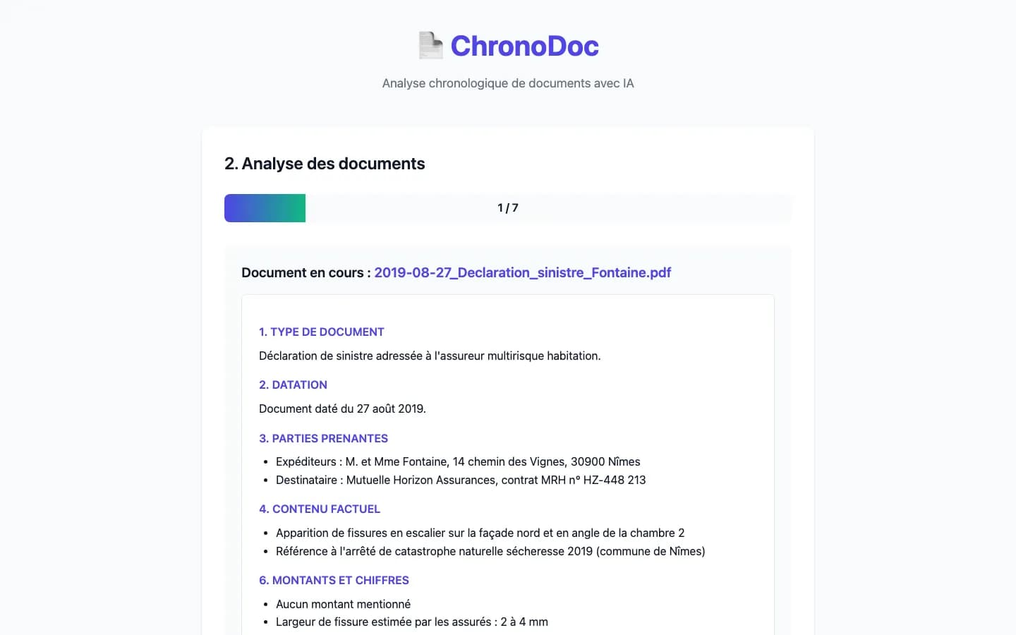 Analyse document par document : déclaration de sinistre