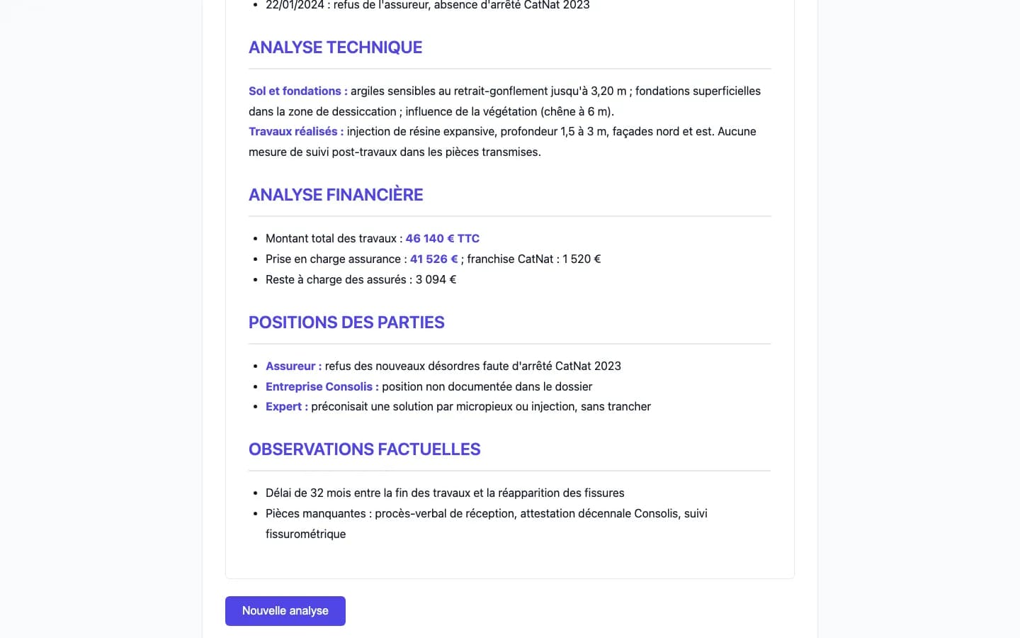 Synthèse : analyse technique, financière et positions des parties