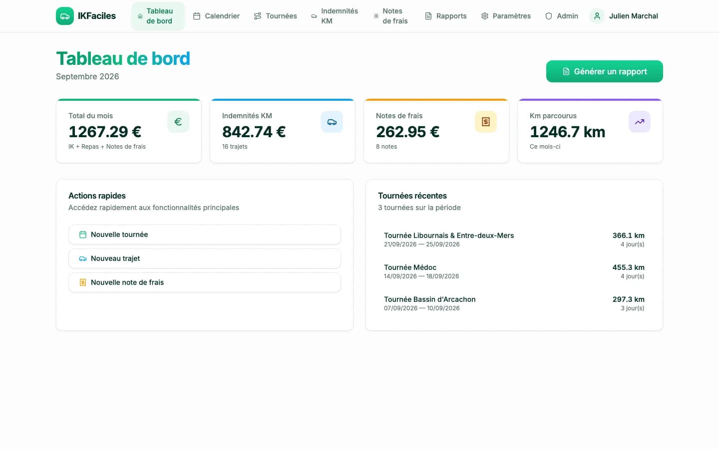 Tableau de bord du mois : indemnités, notes de frais, kilomètres