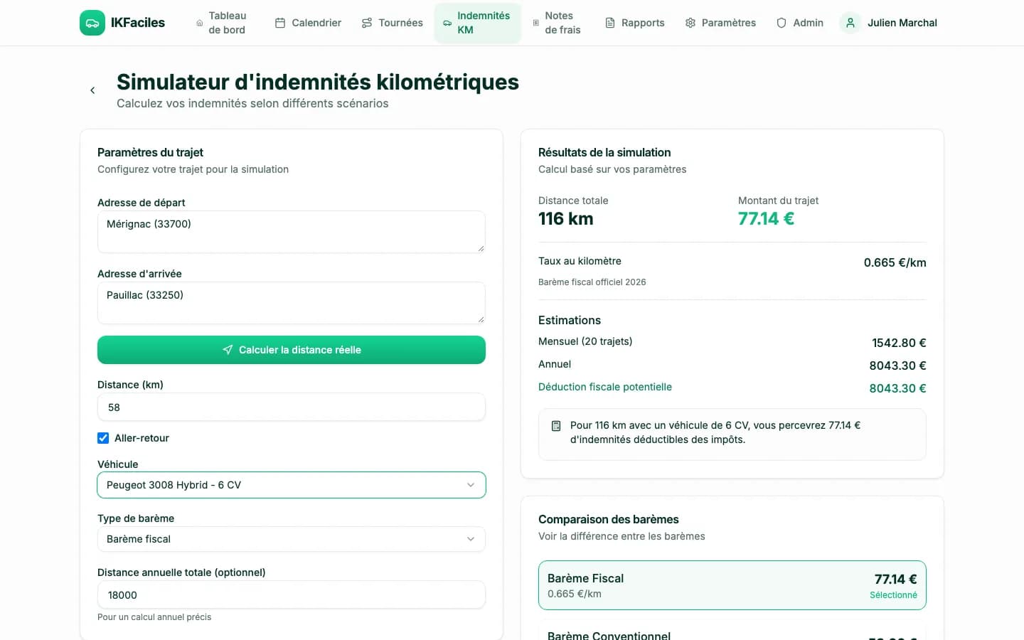 Simulateur de barème : trajet aller-retour et comparaison des barèmes