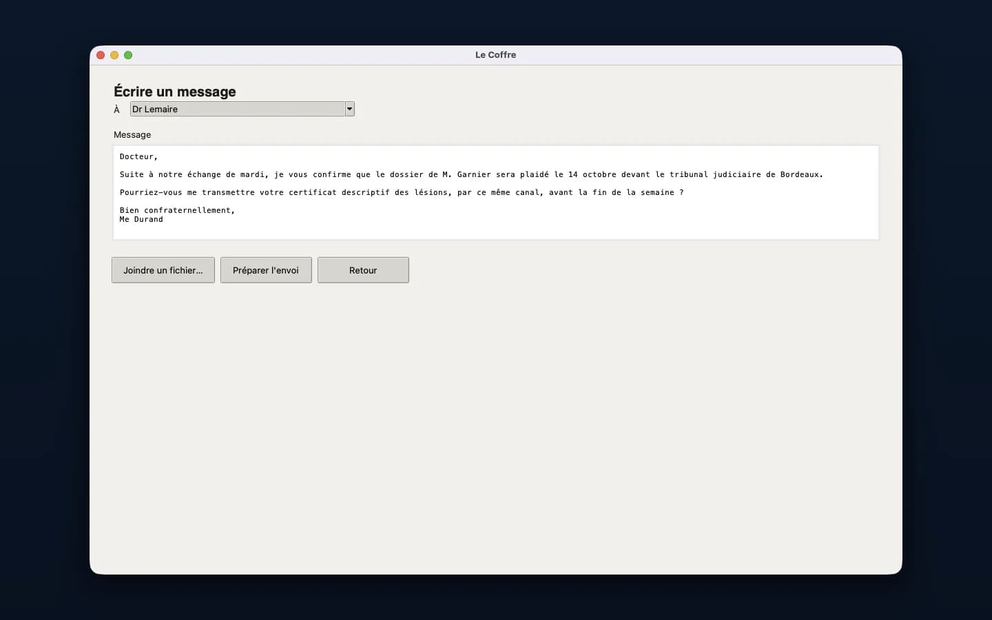 Rédaction d'un message chiffré à Dr Lemaire