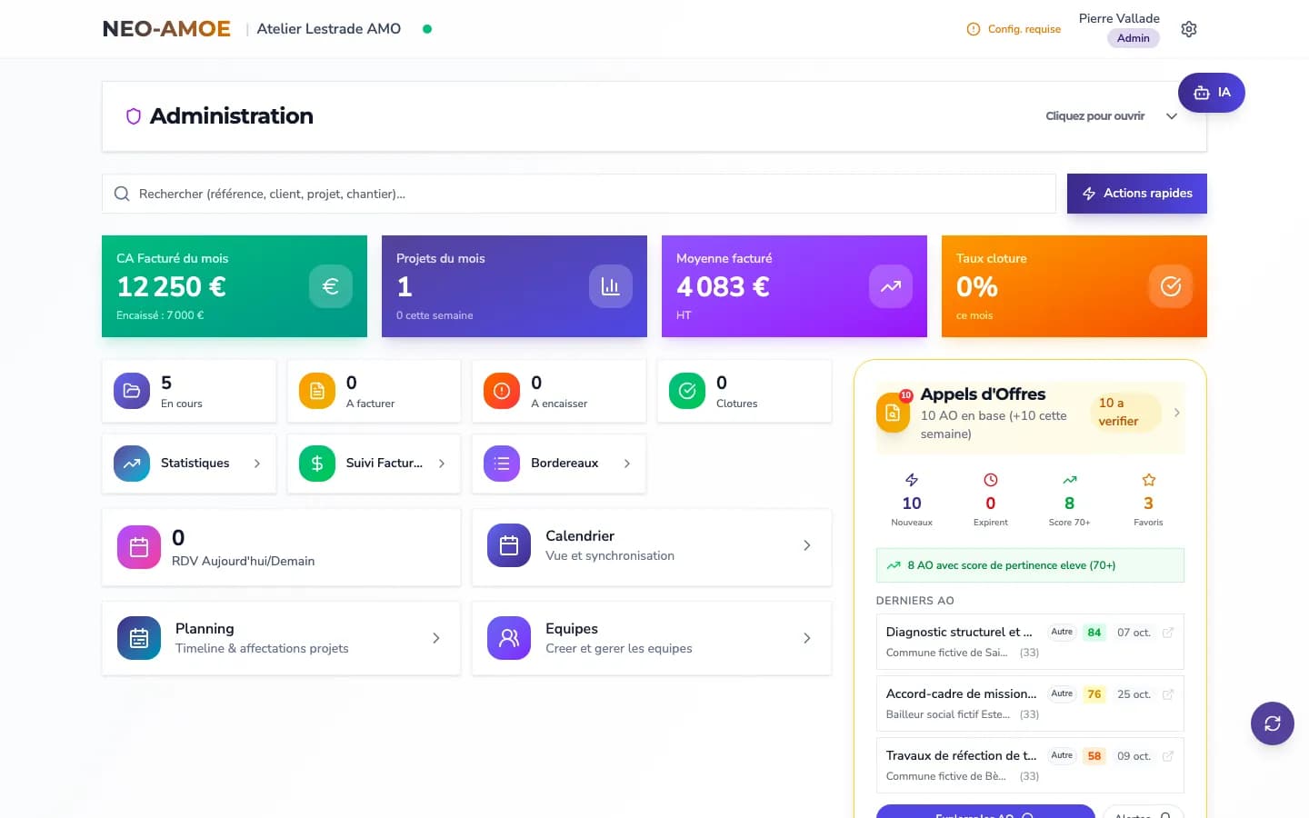 Tableau de bord du cabinet AMO/MOE : CA, projets, veille appels d'offres et communication