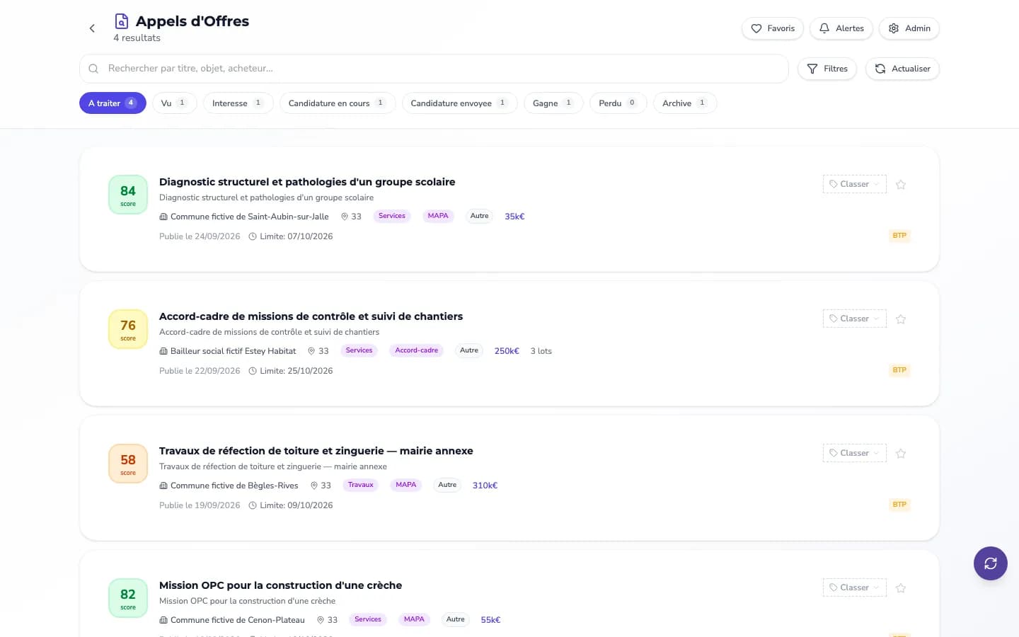 Veille appels d'offres : avis scorés par pertinence, suivi des candidatures