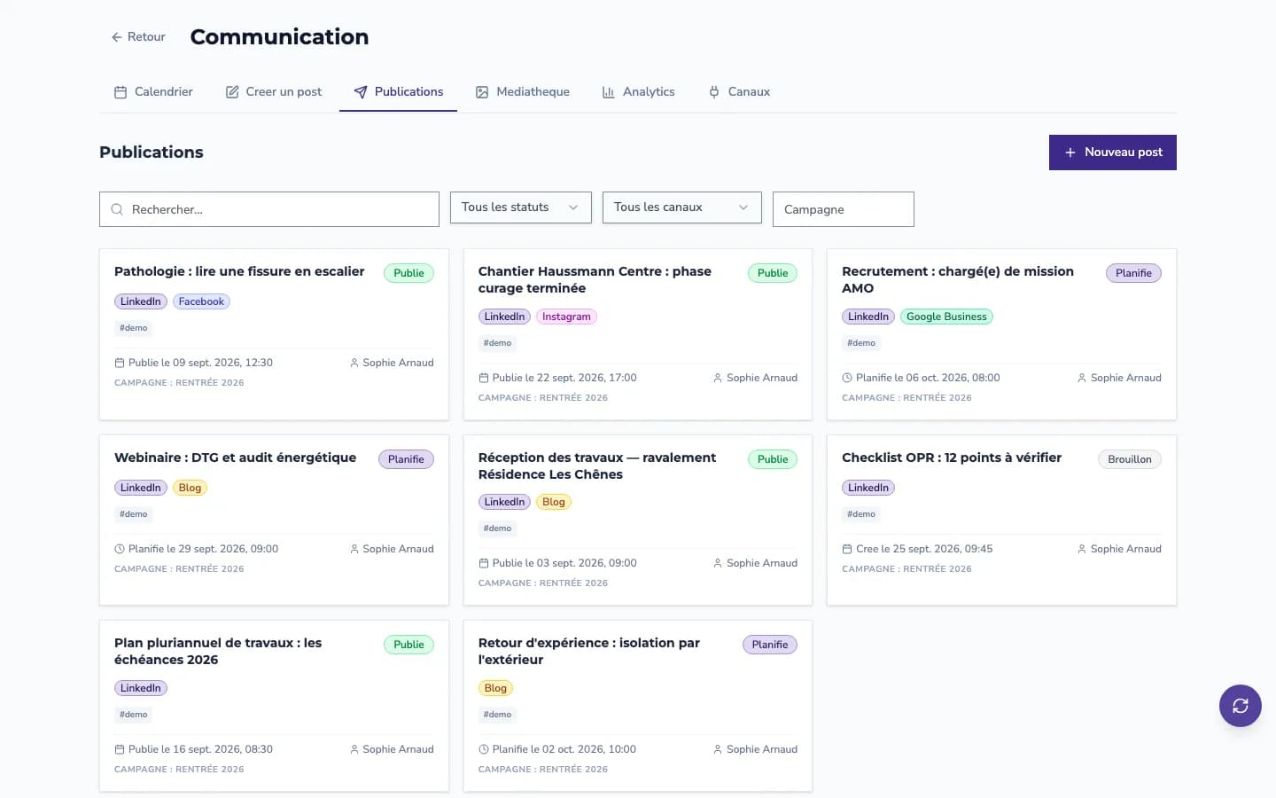 Communication : publications planifiées et publiées par canal (LinkedIn, blog…)