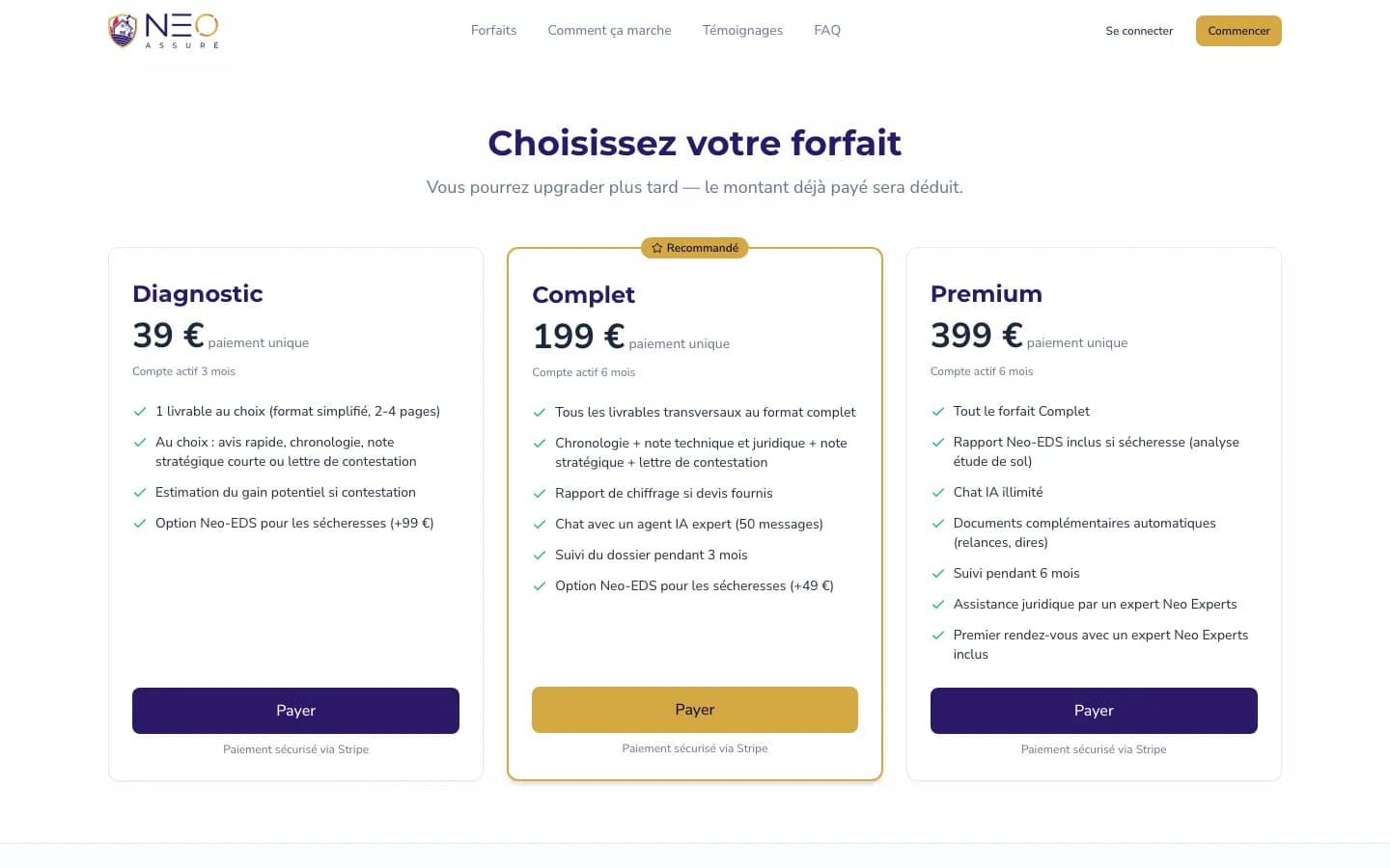 Onboarding : choix du forfait Diagnostic, Complet ou Premium
