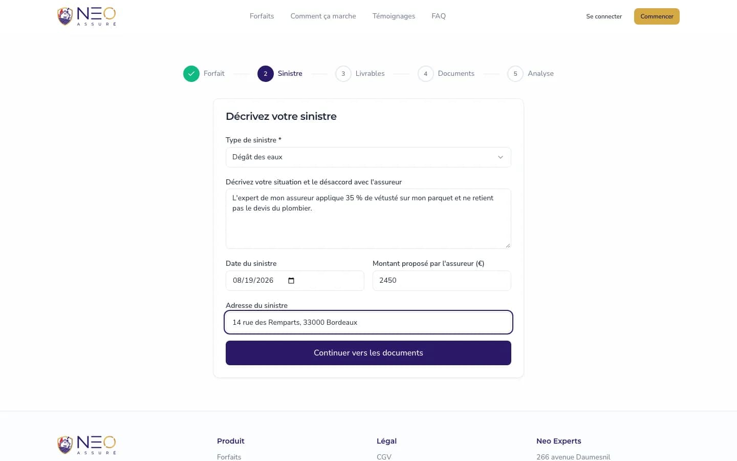 Onboarding : description du sinistre et du désaccord avec l'assureur
