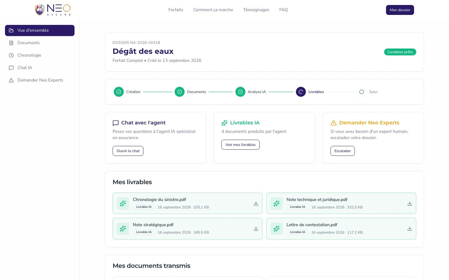 Espace dossier : avancement et livrables produits par l'agent