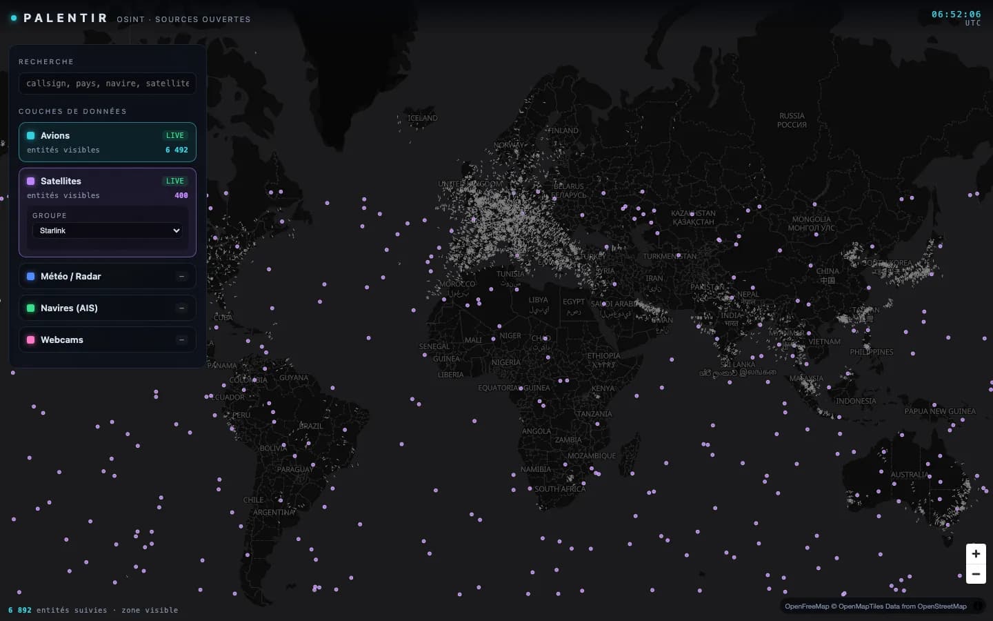 Couche satellites : constellation Starlink propagée en temps réel