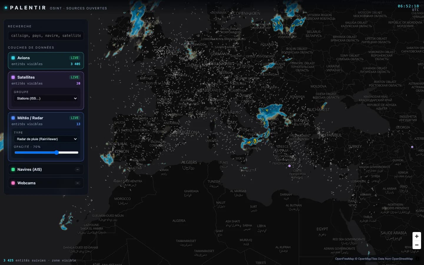 Radar de pluie superposé au trafic aérien au-dessus de l'Europe