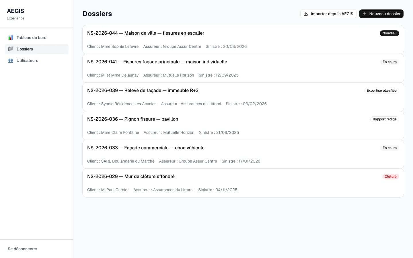 Liste des dossiers de relevé de façade