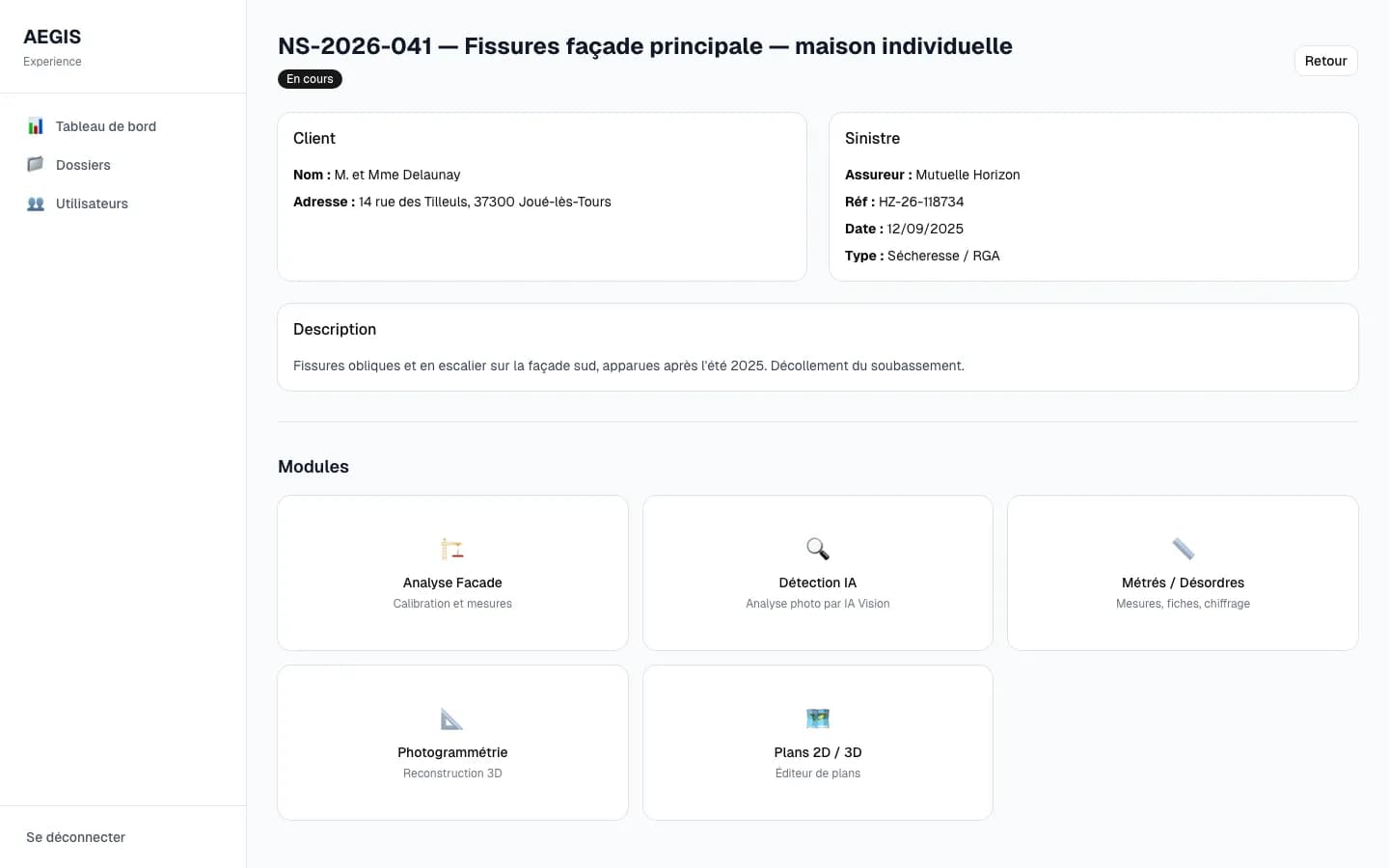 Fiche dossier : sinistre, client et modules (façade, détection IA, métrés, photogrammétrie, plans)