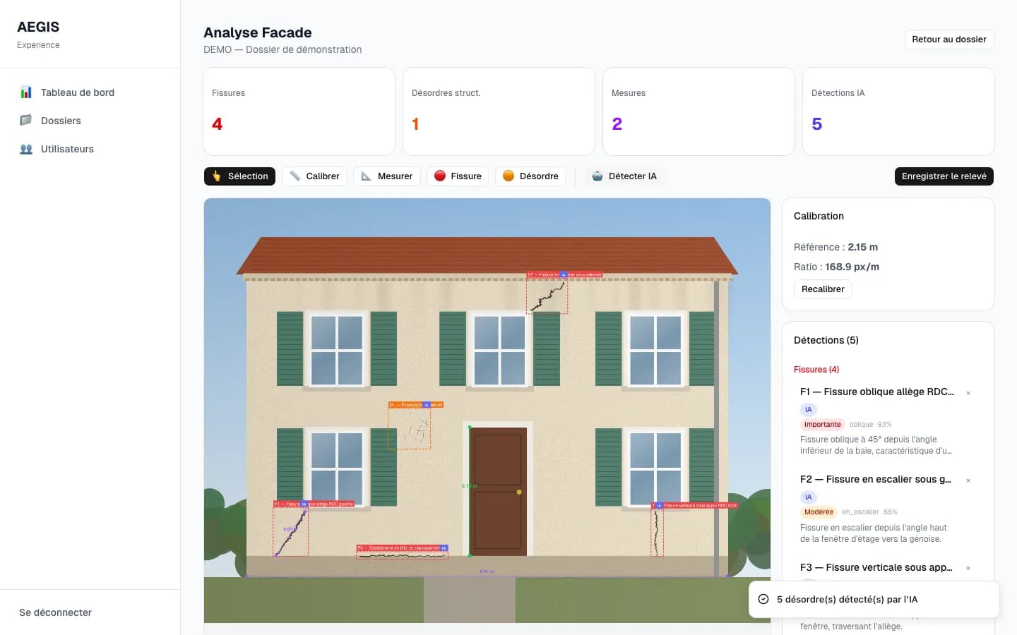 Analyse façade : calibration, cadres de désordres détectés et métrés sur photo