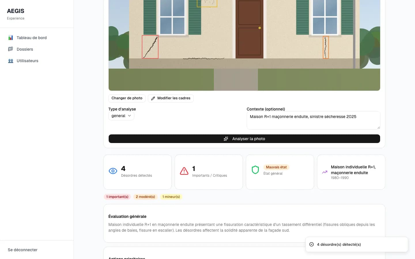 Détection de désordres : cadres sur photo, synthèse de gravité et évaluation générale