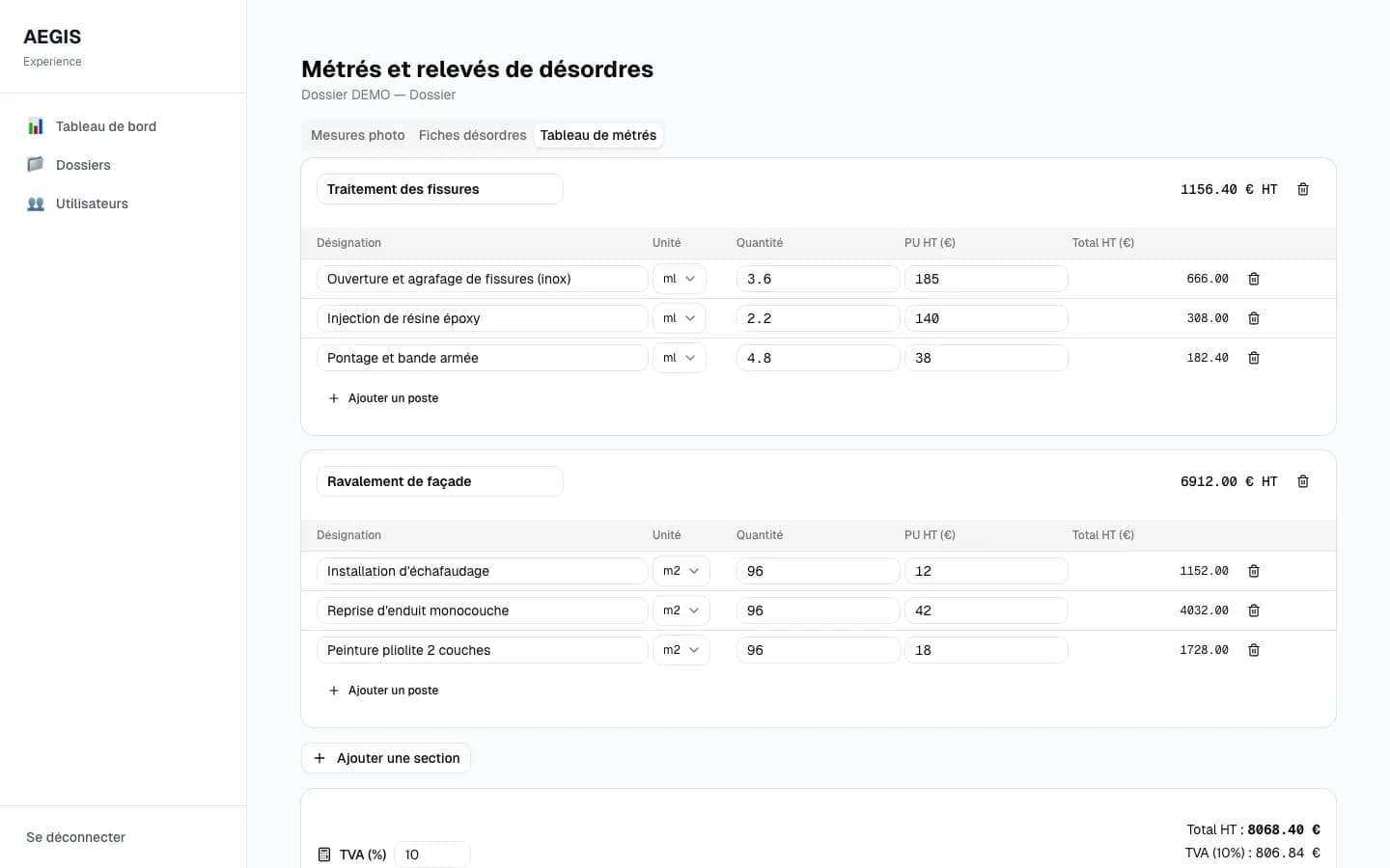 Tableau de métrés chiffré : sections, postes, totaux HT/TVA/TTC