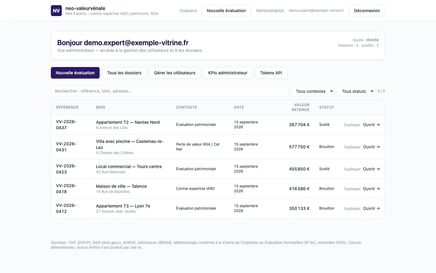 Tableau de bord : dossiers d'évaluation et valeurs retenues