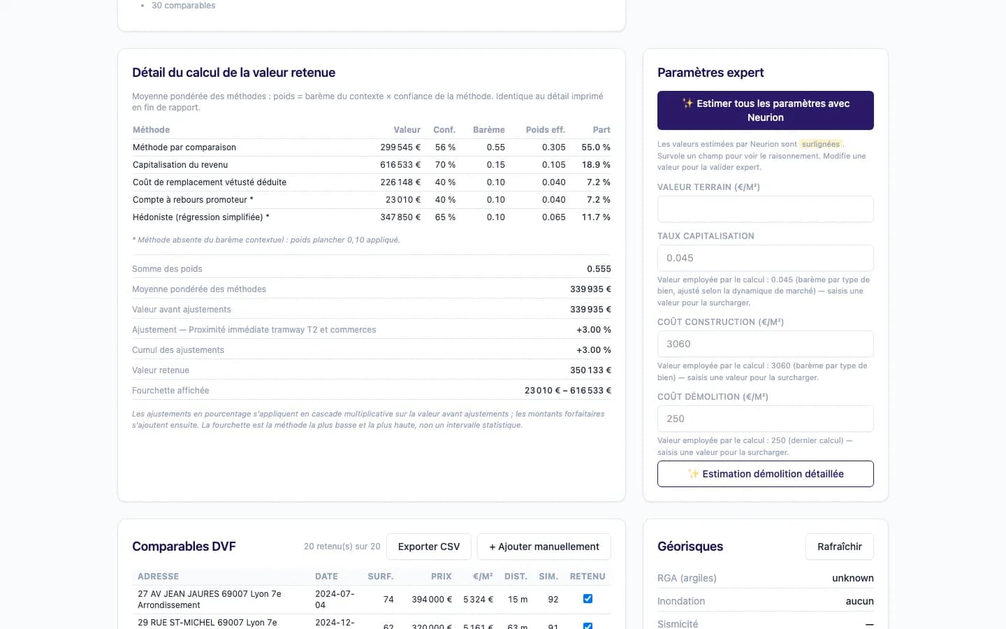 Détail du calcul : pondération des méthodes, ajustements et fourchette
