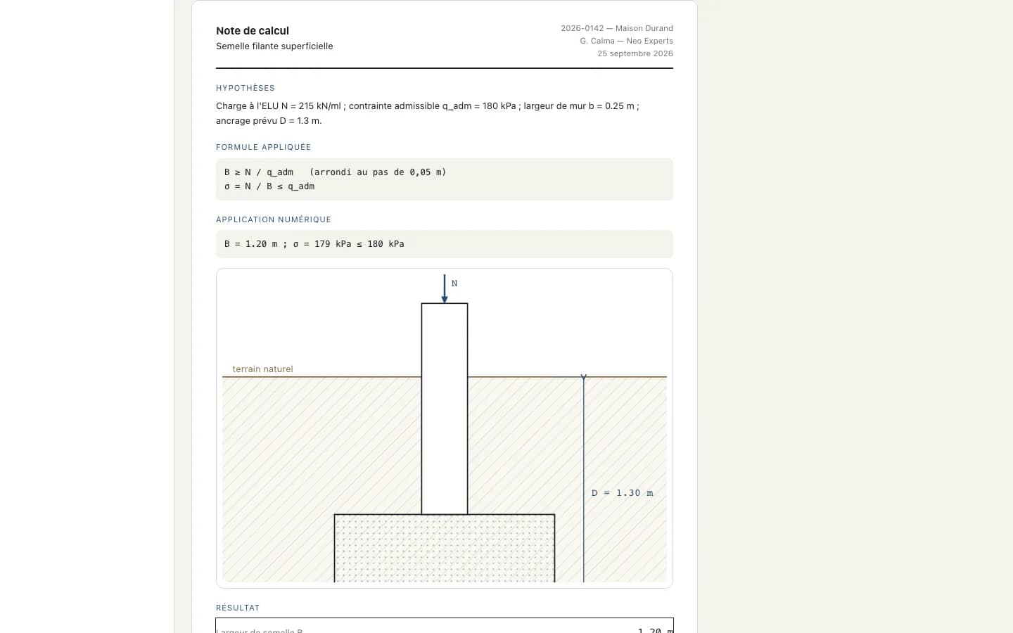 Aperçu de la note de calcul assemblée, prête à l'export PDF / Word