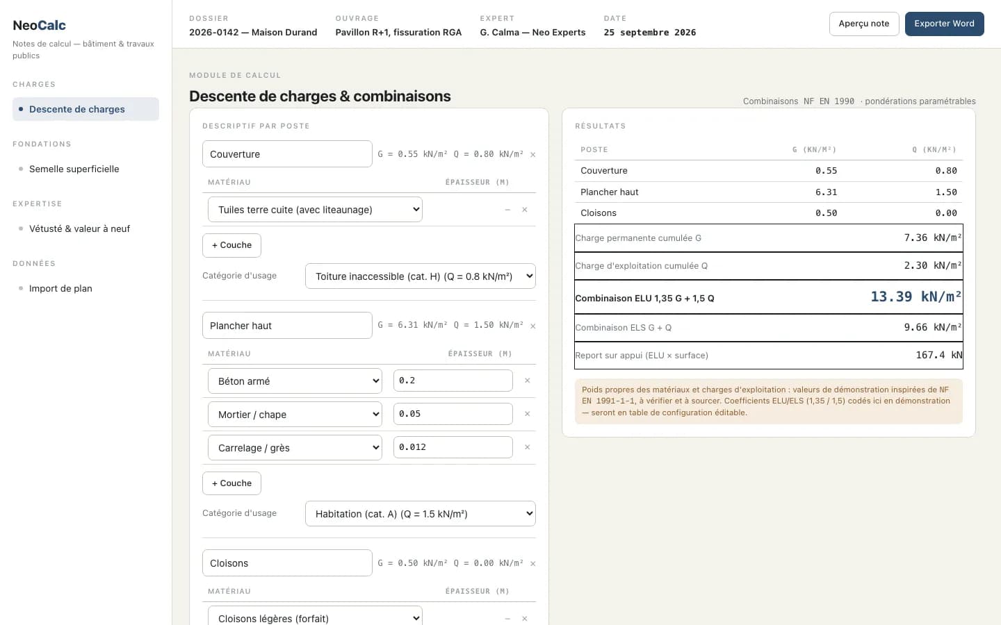 Descente de charges : postes, couches de matériaux et combinaisons ELU / ELS