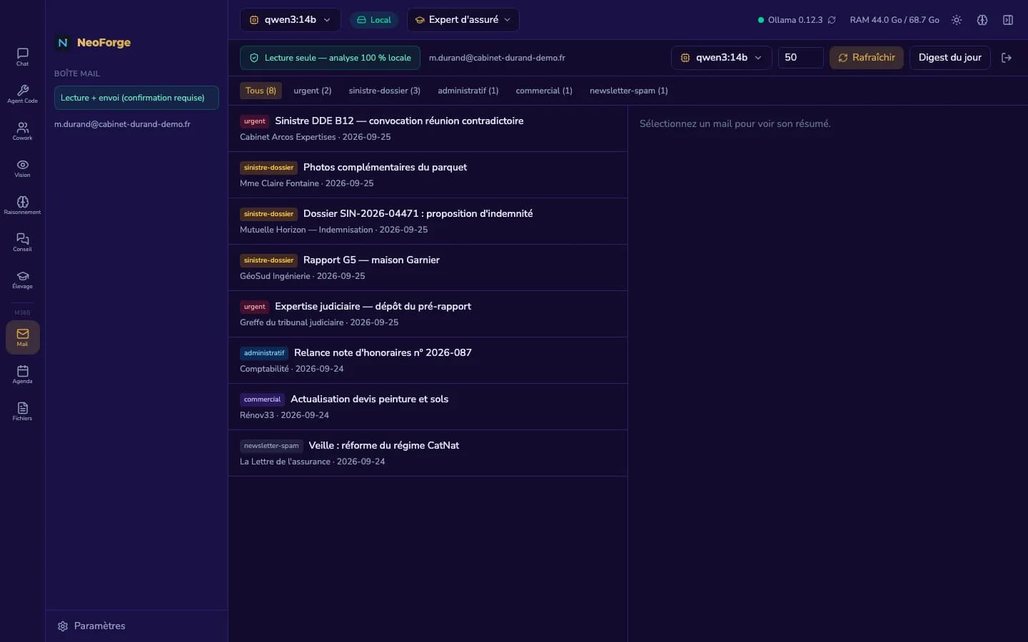 Hub Mail : tri automatique des courriels et résumés, en local