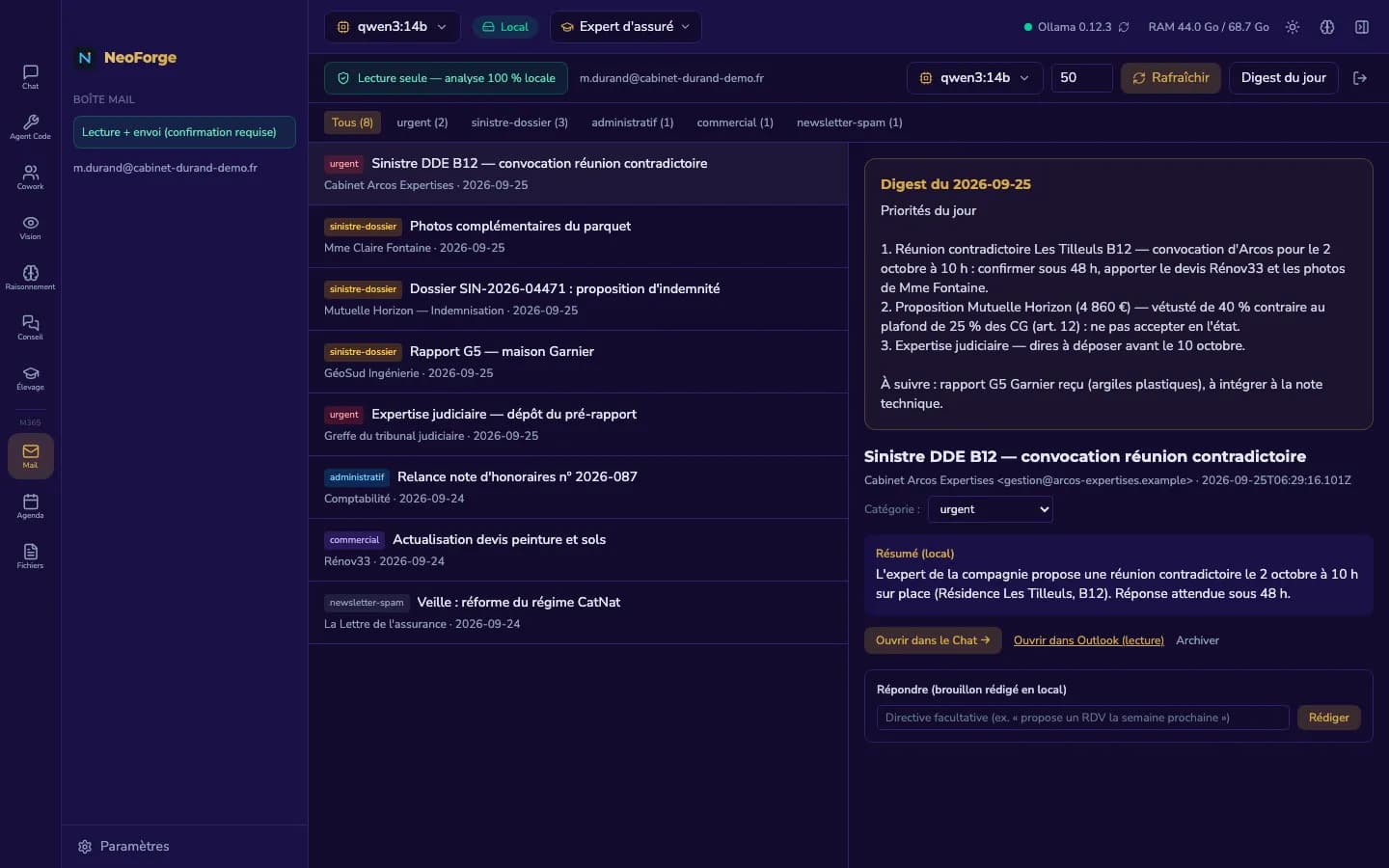 Digest du jour et fiche d'un courriel urgent