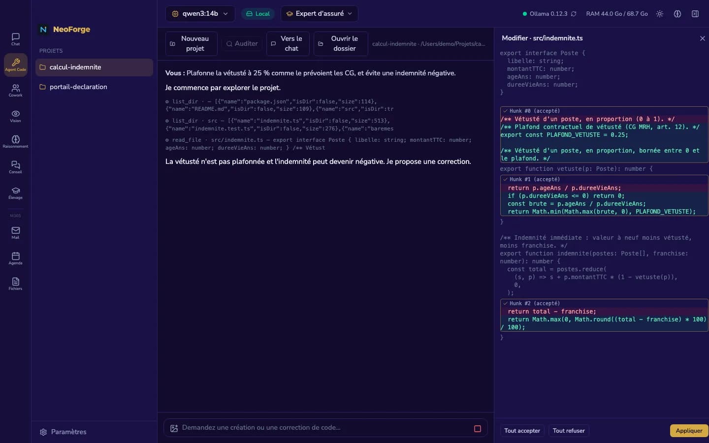 Agent Code : correction proposée sous forme de diff à valider