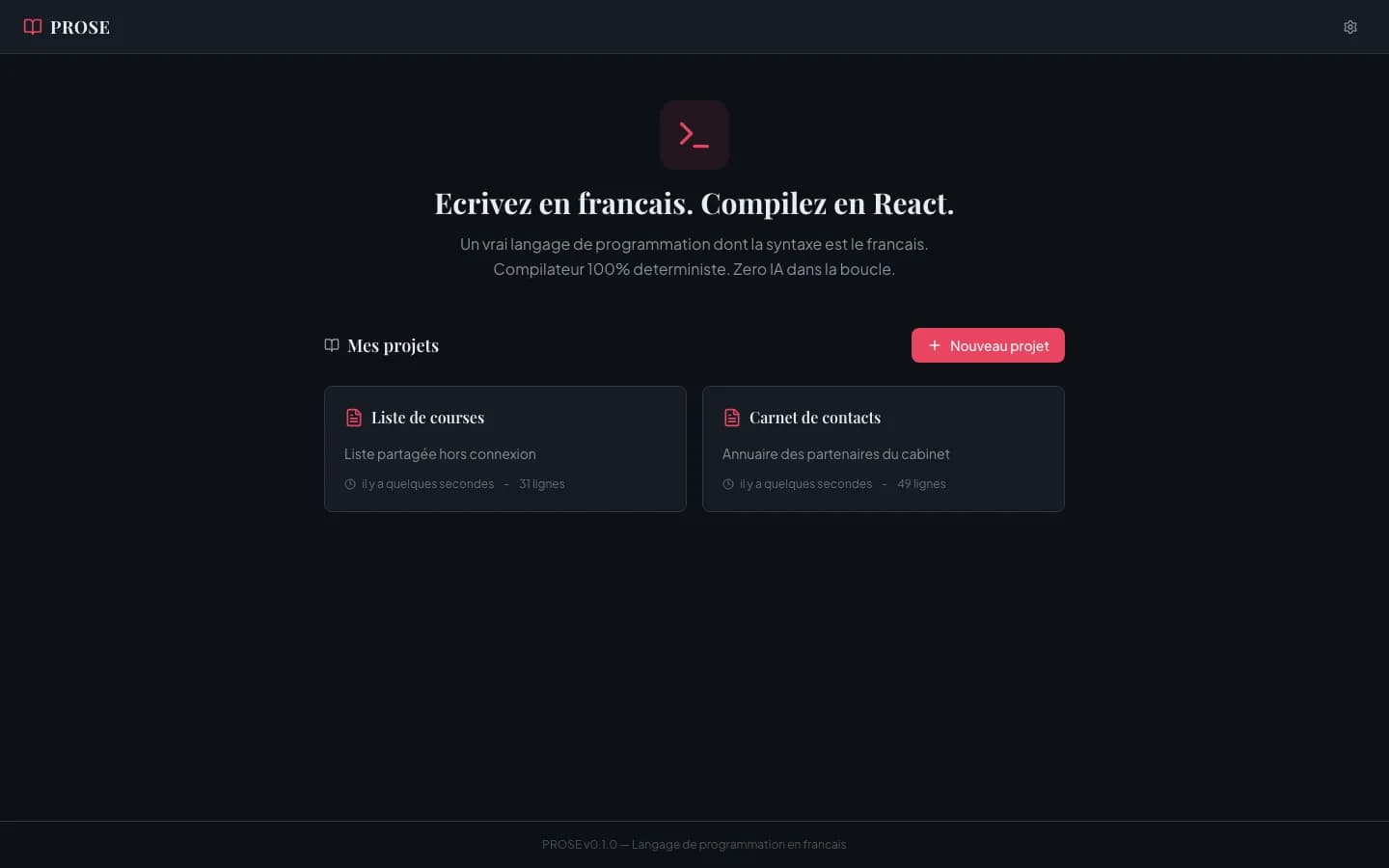 Accueil : « Écrivez en français. Compilez en React. » et projets existants