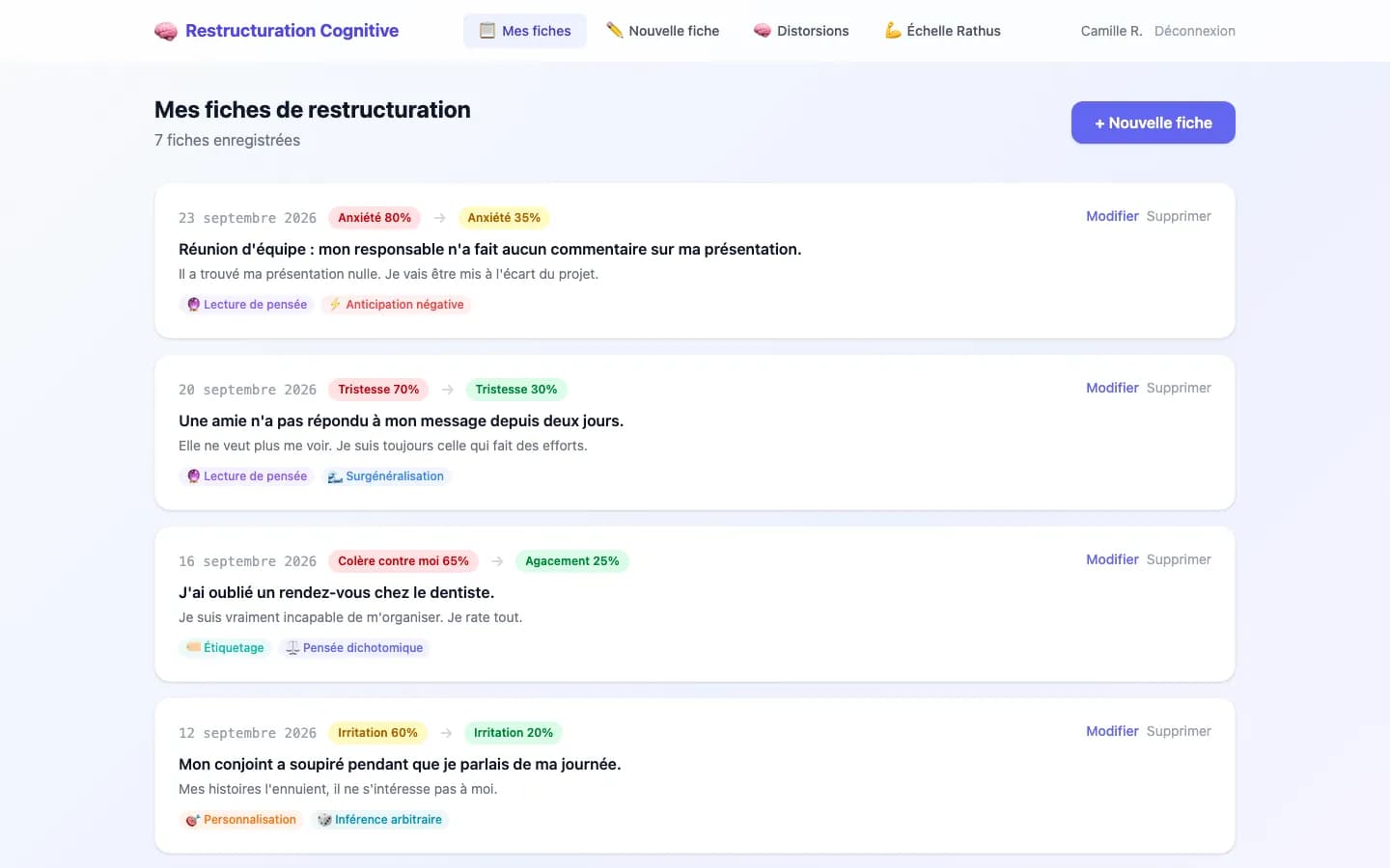 Tableau de bord du patient : fiches de restructuration