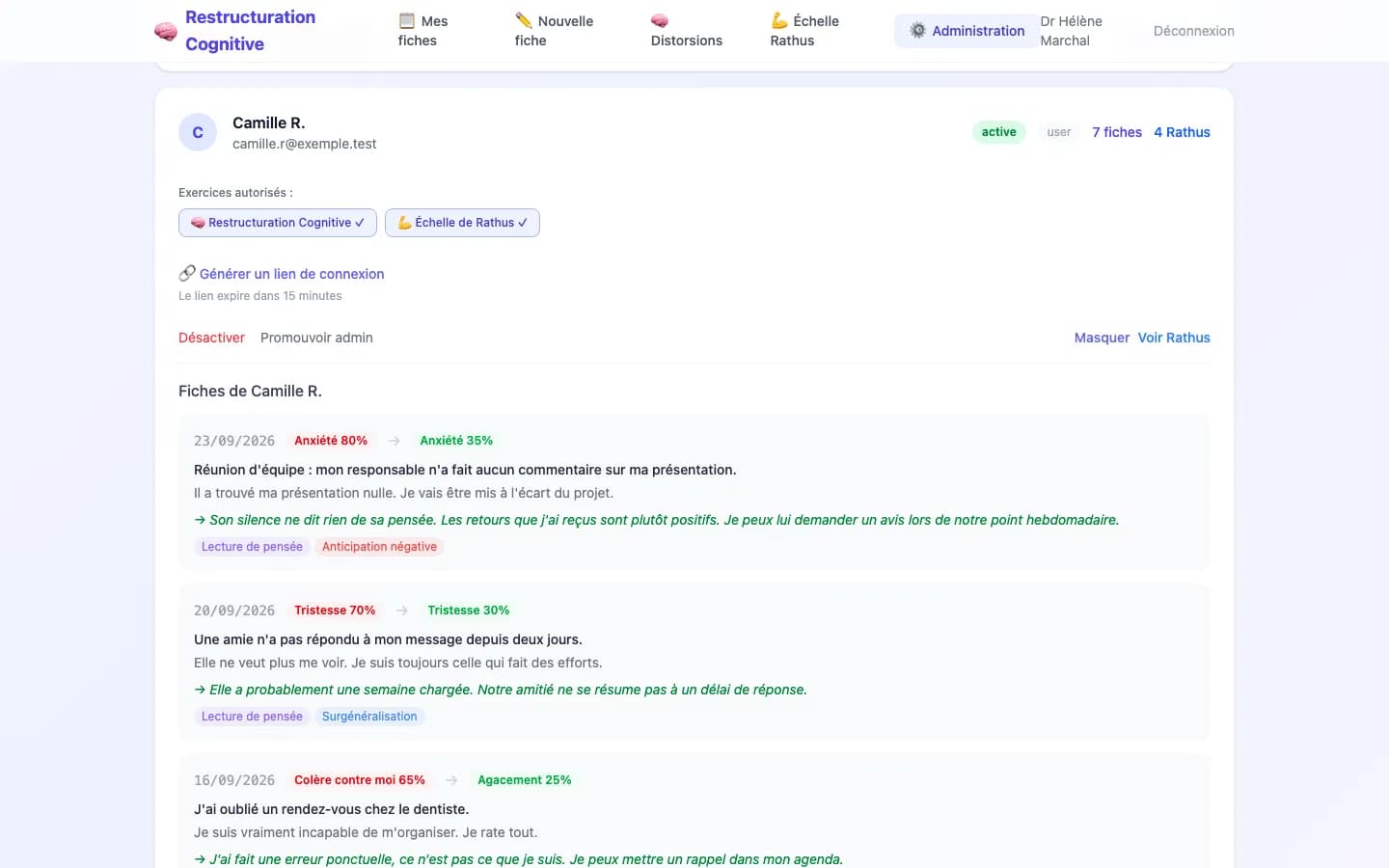 Espace praticien : patients, exercices autorisés et fiches
