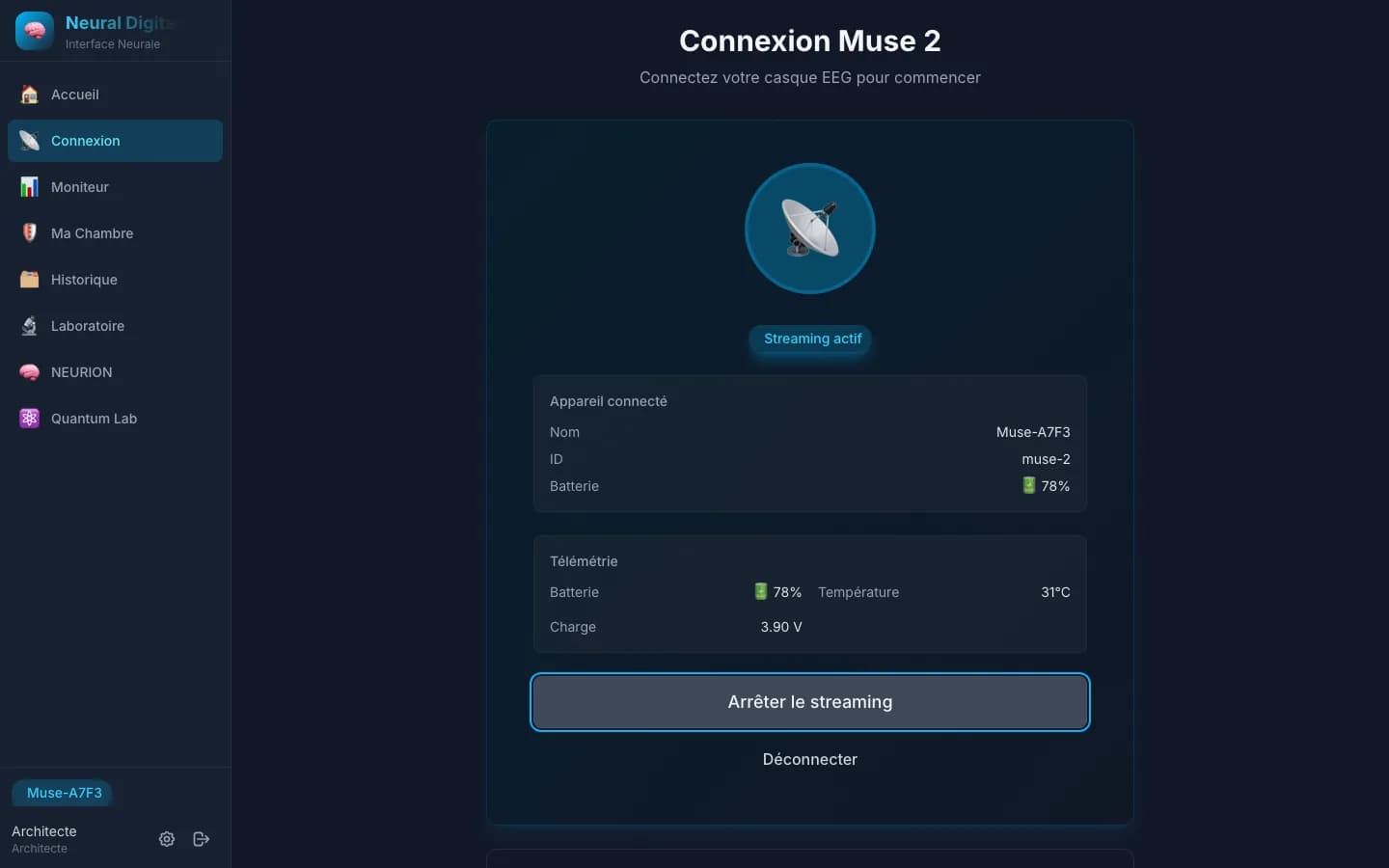 Connexion du casque Muse 2 : électrodes et télémétrie