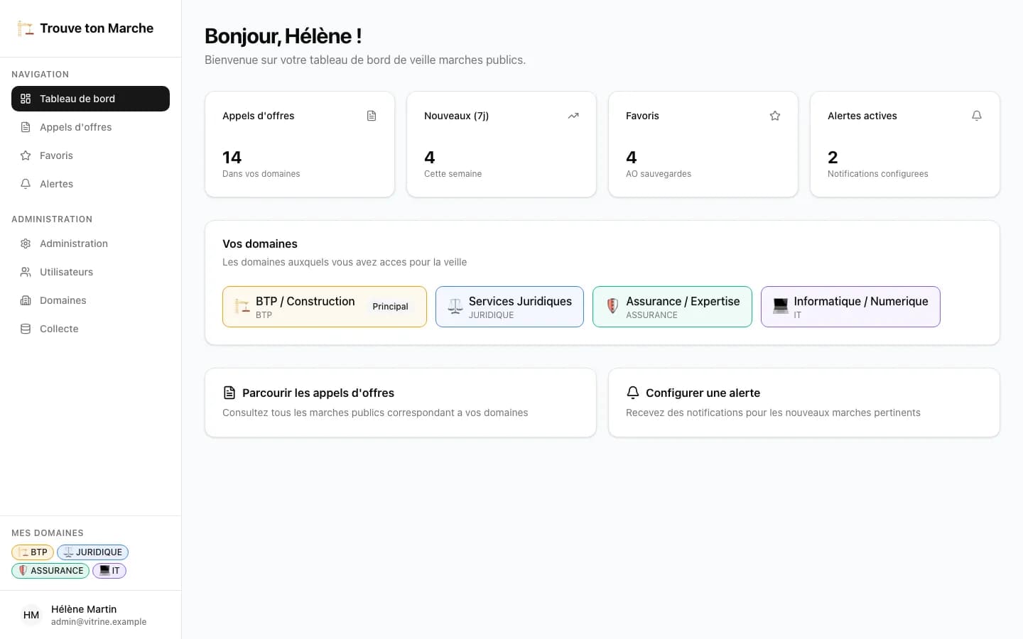 Tableau de bord de veille : appels d'offres, favoris et alertes