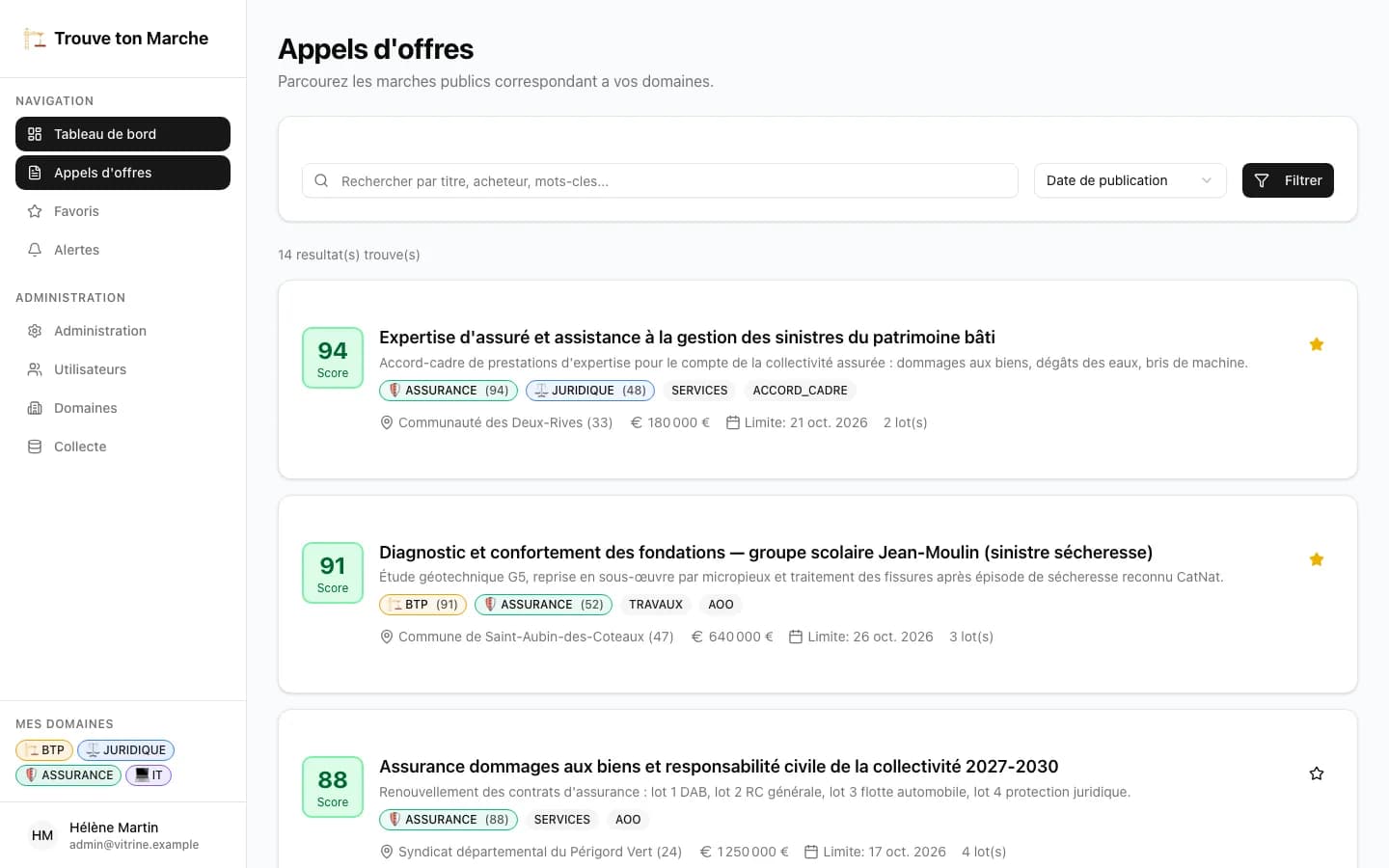 Appels d'offres classés par domaine avec score de pertinence
