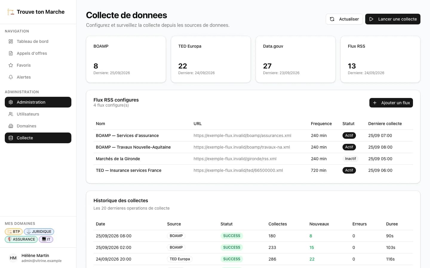 Suivi des collectes BOAMP, TED, data.gouv et flux RSS
