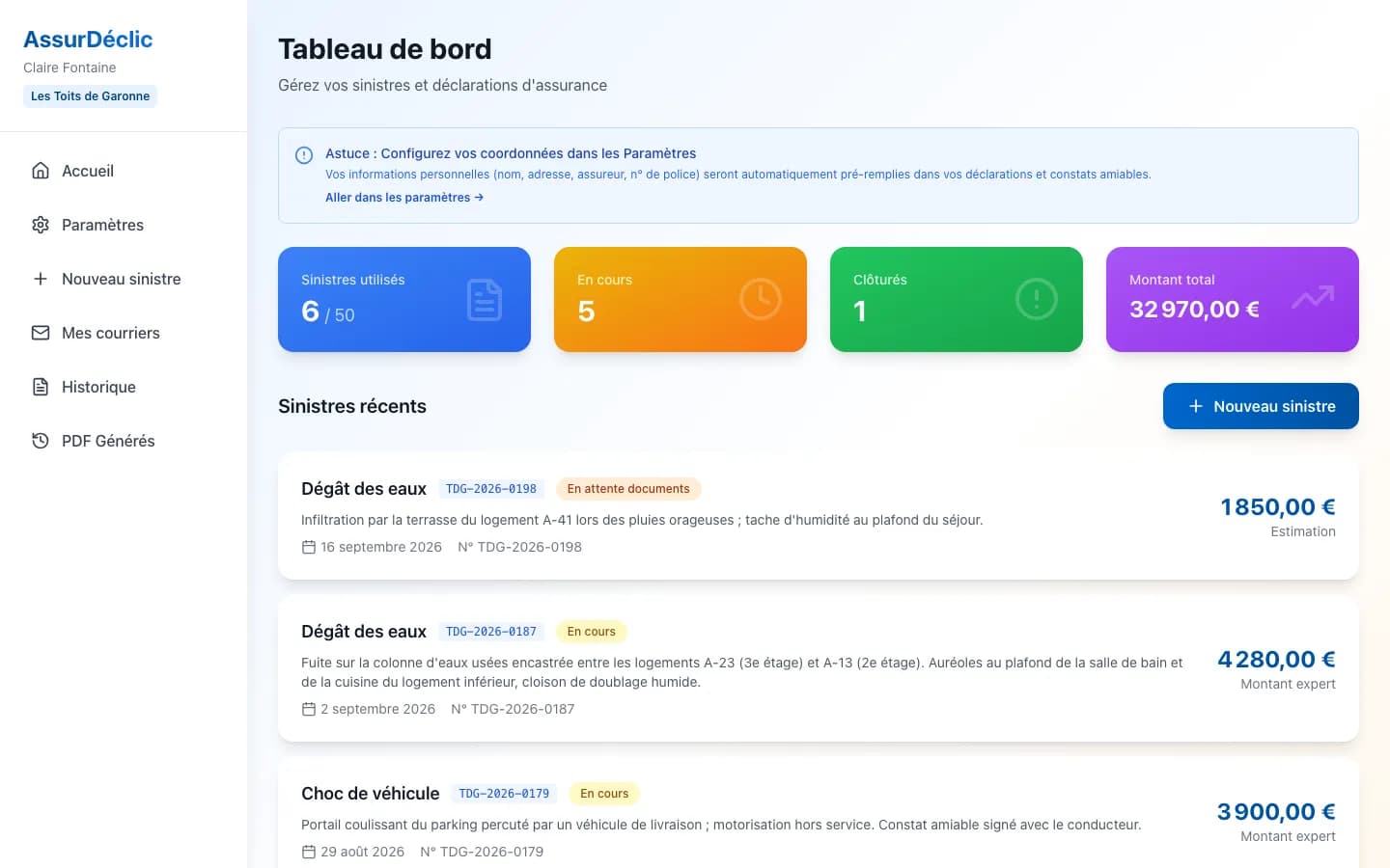 Tableau de bord du bailleur : compteurs et sinistres récents